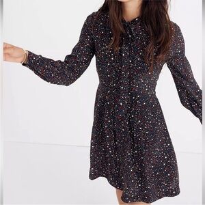 Madewell Balsam Tie-Neck Dress 10 Starry Night 100% Silk USA fit & flare America